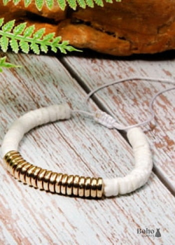 Boho Bracelet, White Blue Colorful Shell Gold